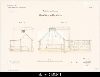 Hahn, Bekleidungsbüro des VII. Armeekorps in Münster (1898-1901): Kessel- und Maschinenhaus: Querschnitte 1: 100. Lithographie, 51 x 70,9 cm (einschließlich Scankanten) Stockfoto