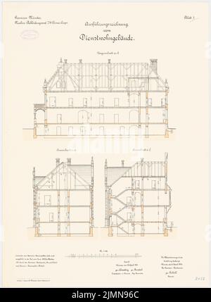 Hahn, Bekleidungsbüro des VII. Armeekorps in Münster (1898-1901): Geschäftshaus: Längsschnitt, Querschnitte 1: 100. Lithographie, 70,6 x 51,7 cm (einschließlich Scankanten) Stockfoto