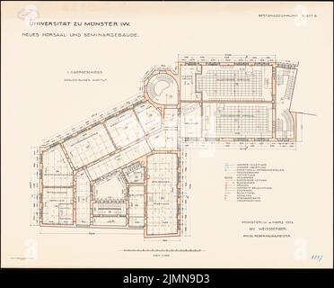 Weißgerber Otto, Hörsaal und Seminargebäude der Universität Münster (1914): Grundriß 1. Stock 1: 100. Lithographie, 56,6 x 70,2 cm (einschließlich Scankanten) Stockfoto