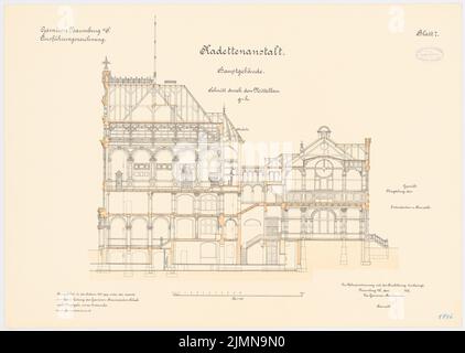 Polack, Garnison-Kadettenwerk in Naumburg/Saale (1897-1900): Mittelbau: Querschnitt 1: 100. Lithographie, 53,5 x 75,3 cm (einschließlich Scankanten) Stockfoto