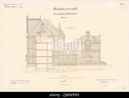 Polack, Garnison-Kadettenwerk in Naumburg/Saale (1897-1900): Mittelbau: Upper West View 1: 100. Lithographie, 53,3 x 74,7 cm (einschließlich Scankanten) Stockfoto