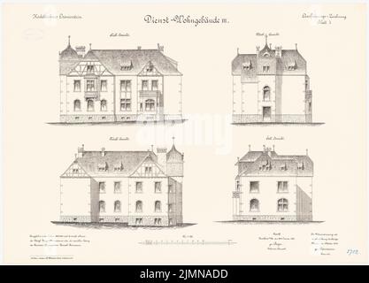 Reinmann, Kadettenhaus in Oranienstein (1899/1900): Pflichtwohngebäude III: Obere Nordansicht, Südseite, Ostansicht, Westansicht 1: 100. Lithographie, 51 x 70,8 cm (einschließlich Scankanten) Stockfoto