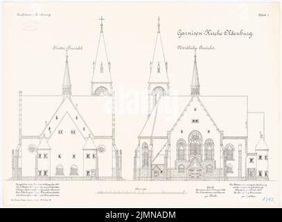 Kröger Jürgen (1856-1928), Garrisonskirche in Oldenburg/Holstein (1901-1903): Riss Rückansicht, Nordansicht 1: 100. Lithographie, 51 x 69,2 cm (einschließlich Scankanten) Stockfoto