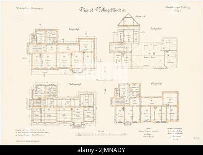 Reinmann, Kadettenhaus in Oranienstein (1899/1900): Pflichtwohngebäude III: Grundriss Keller, EG, Obergeschoss, Dachgeschoss 1: 100. Lithographie, 50,8 x 70,6 cm (einschließlich Scankanten) Stockfoto