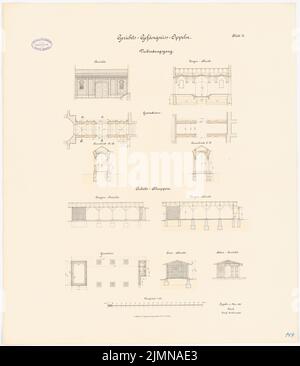 Unbekannter Architekt, Gerichtsstand in Oppeln (1888): Anschluss: Grundriss, Umriss, Längsschnitt, Querschnitt 1: 100. Arbeitsskalen: Grundriß, offene Längs- und Seitenansicht, längs. Lithographie, 76,3 x 66,2 cm (einschließlich Scankanten) Stockfoto