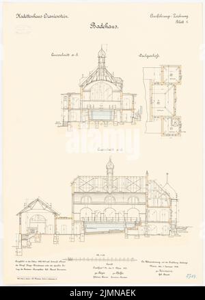 Reinmann, Kadettenhaus in Oranienstein (1899/1900): Badehaus: Grundriß Dachboden, Längsschnitt, Querschnitt 1: 100. Lithographie, 71,2 x 51,1 cm (einschließlich Scankanten) Stockfoto