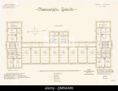 Rohkohl, Kaserne für 2 Escadrons-Husaren in Paderborn (1901-1904): Teambuilding: Grundriß 1. Stockwerk 1: 100. Lithographie, 48,5 x 67,4 cm (einschließlich Scankanten) Stockfoto