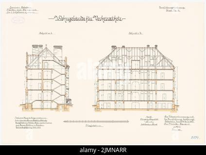 Rohkohl, Kaserne für 2 Escadrons-Husaren in Paderborn (1901-1904): Wohnhaus für Verheiratete: Längsschnitt, Querschnitt 1: 100. Lithographie, 48,1 x 67,9 cm (einschließlich Scankanten) Stockfoto