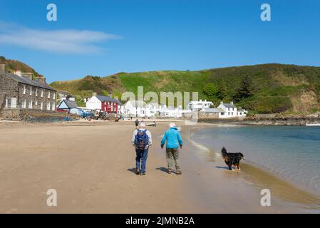 Ein Paar Hund, der in Porthdinllaen in der Nähe von Morfa Nefyn an der Küste von Nordwales spazierengeht. Das bekannte Ty Coch Inn zwischen den weiß getünchten Hütten. Stockfoto