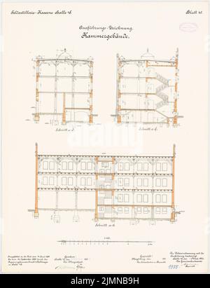 Knoch & Kallmeyer, Feldartilleriekaserne in Halle/Saale (1899-1902): Kammergebäude: Längsschnitt, Querschnitte 1: 100. Lithographie, 65,9 x 50,6 cm (einschließlich Scankanten) Stockfoto