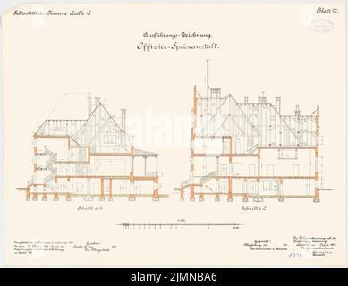 Knopf & Kallmeyer, Feldartilleriekaserne in Halle/Saale (1899-1902): Offizierskasino: Längsschnitt, Querschnitt 1: 100. Lithographie, 50,6 x 65,6 cm (einschließlich Scankanten) Stockfoto