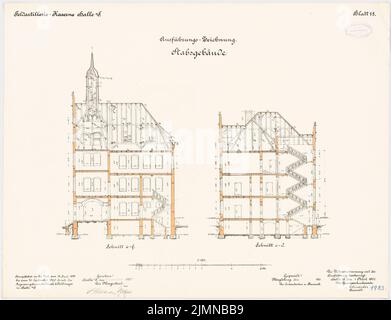 Knoch & Kallmeyer, Feldartilleriekaserne in Halle/Saale (1899-1902): Stichgebäude: Querschnitte 1: 100. Lithographie, 50,4 x 65,7 cm (einschließlich Scankanten) Stockfoto