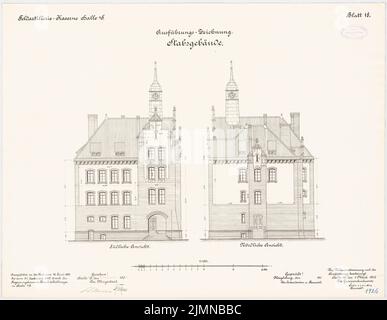 Knoch & Kallmeyer, Feldartilleriekaserne in Halle/Saale (1899-1902): Stichgebäude: Obere Nordansicht, Südansicht 1: 100. Lithographie, 50,7 x 65,4 cm (einschließlich Scankanten) Stockfoto