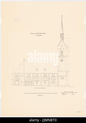 Unbekannter Architekt, katholische Kirche in Heyerode (ca. 1897): Obere Westansicht 1: 100. Lithographie, 79,8 x 58,2 cm (einschließlich Scankanten) Stockfoto