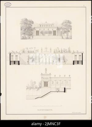 Busse Carl Ferdinand (1802-1868), Privatgebäude (nach vorgeschriebenen Maßen und anderen Bedingungen) (ohne Jahr): 3 Ansichten mit einem Schnitt des Gartengebäudes. Tinte und Bleistift Aquarell auf Papier, 76,4 x 58,5 cm (einschließlich Scankanten) Stockfoto