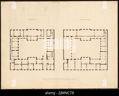 Knoblauch Eduard (1801-1865), Russische Botschaft, Berlin (1840-1841): Grundriss 1. und 2. Etage mit schriftlichem Namen, Maßstabsbalken, Skizze auf dem Gebäudeflügel im Innenhof von 2.. Tinte auf Karton, mit Bleistift ergänzt, 39,1 x 51,4 cm (inklusive Scankanten) Stockfoto