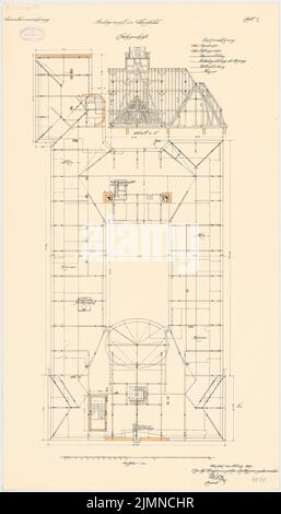 Thoemer Paul (1851-1918), Amtsgericht Elberfeld (03,1909): Grundriß Dachgeschoss, Durchschnitt 1: 100. Lithographie farbig, 87,9 x 50,1 cm (einschließlich Scankanten) Stockfoto