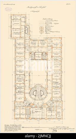 Thoemer Paul (1851-1918), Amtsgericht Elberfeld (03,1909): Grundriss 1., Etage 1: 100. Lithographie farbig, 87,5 x 49,9 cm (einschließlich Scankanten) Stockfoto