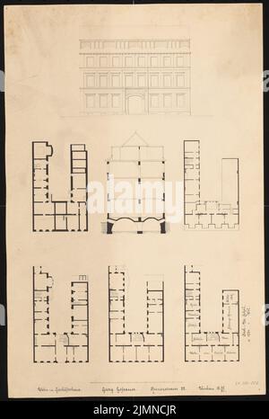 Knoblauch Eduard (1801-1865), Wohnhaus Kronenstraße 28 in Berlin. Erweiterung (1831-1832): Ansicht, Schnitt, Grundriß Kellergeschosse, Dachboden. Tinte, 40,2 x 27 cm (einschließlich Scankanten) Stockfoto