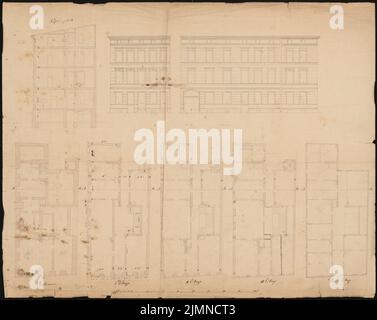 Knoblauch Eduard (1801-1865), Mietshäuser kleine Poststraße 1-4 in Berlin (1834-1837): Grundrisse, Ansichten, Schnitt. Tinte, 69,3 x 87,1 cm (einschließlich Scankanten) Stockfoto