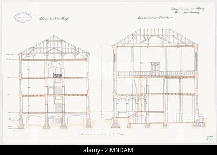 Unbekannter Architekt, Gymnasium in Elbing (ca. 1886/1887): Querschnitte 1: 100. Lithographie, 37,9 x 56,4 cm (einschließlich Scankanten) Stockfoto