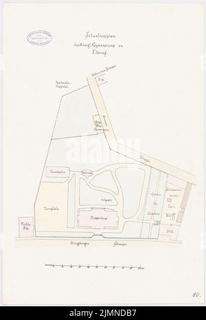 Unbekannter Architekt, Gymnasium in Elbing (ca. 1886/1887): Lageplan 1: 600. Lithographie, 56 x 37,7 cm (einschließlich Scankanten) Stockfoto