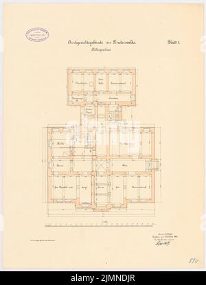 Unbekannter Architekt, Amtsgericht Finsterwalde (1885): Grundriss Keller 1: 100. Lithographie, 53,3 x 40,6 cm (einschließlich Scankanten) Stockfoto