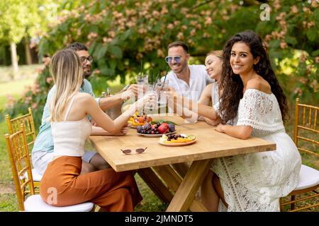 Eine Gruppe junger Menschen jubelt mit frischer Limonade und isst Früchte im Garten Stockfoto