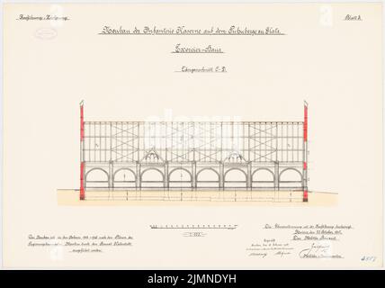 Unbekannter Architekt, Infanteriekaserne auf der Puhnberge in Glatz. Exercier House (1902-1906): Längsschnitt 1: 100. Lithographie, 51 x 72,7 cm (einschließlich Scankanten) Stockfoto