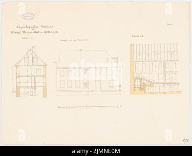 Unbekannter Architekt, 1. Physiologisches Institut der Universität Göttingen (ohne Dat.): Riss, Längsschnitt, Querschnitt 1: 100. Lithographie, 52,1 x 68,3 cm (einschließlich Scankanten) Stockfoto