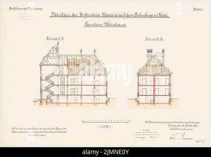 Unbekannter Architekt, Infanteriekaserne auf der Puhnberge in Glatz. Einfamilienhaus (1902-1906): Längsquerschnitt 1: 100. Lithographie, 51 x 72,8 cm (einschließlich Scankanten) Stockfoto