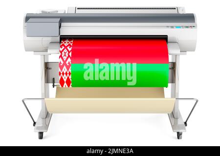 Großformatdrucker, Plotter mit belarussischer Flagge. 3D Darstellung isoliert auf weißem Hintergrund Stockfoto