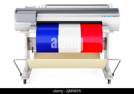 Großformatdrucker, Plotter mit französischer Flagge. 3D Darstellung isoliert auf weißem Hintergrund Stockfoto