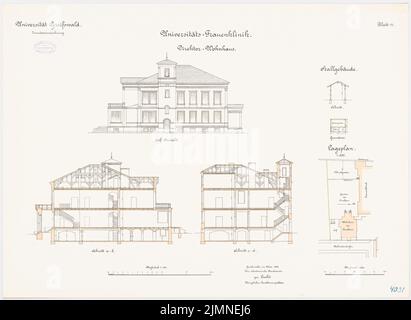 Unbekannter Architekt, Universität Greifswald. Frauenklinik - Direktorenhaus (1908): Lageplan 1: 500; Obergerichtansicht, Längsschnitt, Querschnitt 1: 100; Stall im Grundriss und Durchschnitt 1: 100. Lithographie, 61,2 x 83,8 cm (einschließlich Scankanten) Stockfoto