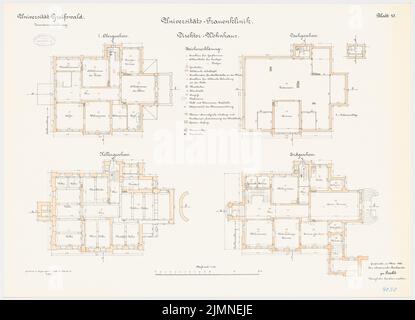 Unbekannter Architekt, Universität Greifswald. Frauenklinik - Direktorenhaus (1908): Grundriß Keller, Erdgeschoss, Obergeschoss, Dachgeschoss 1: 100. Lithographie, 60,9 x 84,2 cm (einschließlich Scankanten) Stockfoto