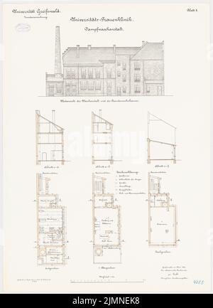 Unbekannter Architekt, Universität Greifswald. Frauenklinik - Waschhaus (1908): Grundriss Keller, Erdgeschoss, Obergeschoss, Dachgeschoss, aufrechte Westansicht, Querschnitte 1: 100. Lithographie, 84,4 x 61,2 cm (einschließlich Scankanten) Stockfoto