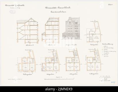 Unbekannter Architekt, Universität Greifswald. Frauenklinik - Beamter Wohngebäude (1908): Grundriss Keller, Erdgeschoss, 1.. Und 2.. Stock, Dachgeschoss, Zusammenbruch, Längsschnitt, Querschnitt 1: 100. Lithographie, 61,5 x 84,1 cm (einschließlich Scankanten) Stockfoto