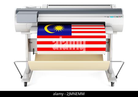 Großformatdrucker, Plotter mit malaysischer Flagge. 3D Darstellung isoliert auf weißem Hintergrund Stockfoto