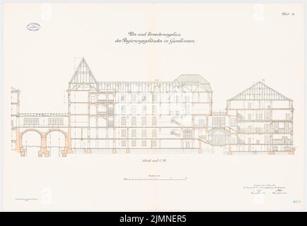 Unbekannter Architekt, Regierungsgebäude in Gumbinnen. Ausdehnung (1912): Längsschnitt 1: 100. Lithographie, 71,7 x 103,6 cm (einschließlich Scankanten) Stockfoto