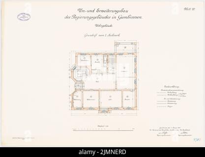 Unbekannter Architekt, Regierungsgebäude in Gumbinnen. Wohnhaus (1912): Grundriß 1: Obergeschoss 1: 100. Lithographie, 51 x 71 cm (einschließlich Scankanten) Stockfoto