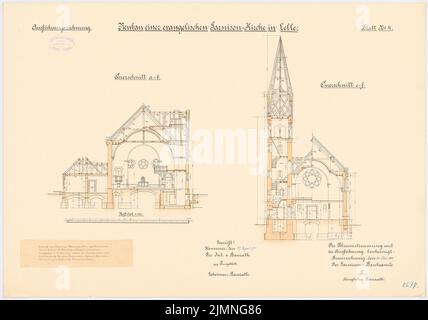 Dihm Ludwig (1849-1928), Evangelische Garnisonskirche in Celle (1901-1902): Querschnitte 1: 100. Lithographie farbig, 51,5 x 73,4 cm (einschließlich Scankanten) Stockfoto