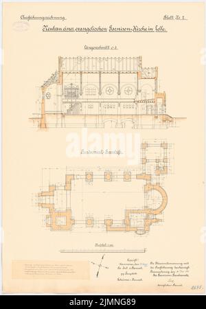 DIHM Ludwig (1849-1928), Evangelische Garnisonskirche in Celle (1901-1902): Grundrissfundamente, Längsschnitt 1: 100. Lithographie farbig, 73,6 x 51,4 cm (einschließlich Scankanten) Stockfoto