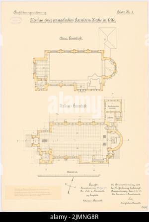 DIHM Ludwig (1849-1928), Evangelische Garnisonskirche in Celle (1901-1902): Grundriß oben, unten 1: 100. Lithographie farbig, 72,9 x 51,3 cm (einschließlich Scankanten) Stockfoto