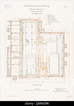 Eggert Hermann (1844-1920), Maschinenlabor, elektrische Zentrale und Wasserwerke der Technischen Universität Danzig (07,1906): Grundriss KG 1: 100. Lithographie farbig, 68,7 x 50,6 cm (einschließlich Scankanten) Stockfoto