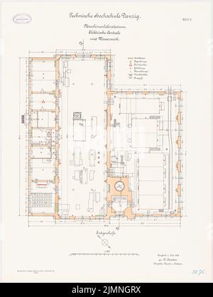 Eggert Hermann (1844-1920), Maschinenlabor, elektrische Zentrale und Wasserwerke der Technischen Universität Danzig (07,1906): Grundriss EG 1: 100. Lithographie farbig, 68,6 x 51,8 cm (einschließlich Scankanten) Stockfoto