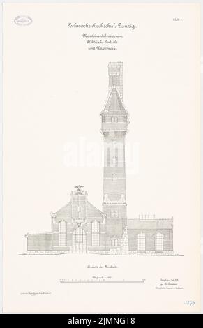 Eggert Hermann (1844-1920), Maschinenlabor, elektrische Zentrale und Wasserwerke der Technischen Universität Danzig (07,1906): Nordansicht 1: 100. Lithographie, 79,4 x 51,3 cm (einschließlich Scankanten) Stockfoto