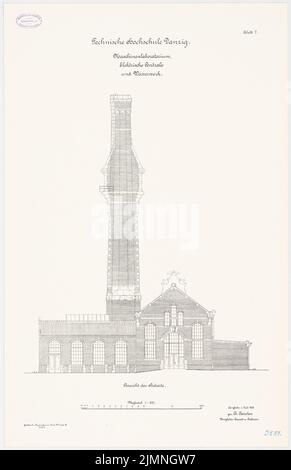 Eggert Hermann (1844-1920), Maschinenlabor, Elektro-Zentral- und Wasserwerk der Technischen Universität Danzig (07,1906): Südansicht 1: 100. Lithographie, 79,3 x 51,2 cm (einschließlich Scankanten) Stockfoto