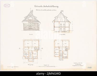 Eggert Hermann (1844-1920), Technische Universität Danzig. Haus für die Kopfmaschine und Heizer (07,1906): Grundriß Keller, Erdgeschoss, Querschnitt, Ansicht, 1: 100. Lithographie farbig, 50,9 x 68,7 cm (einschließlich Scankanten) Stockfoto