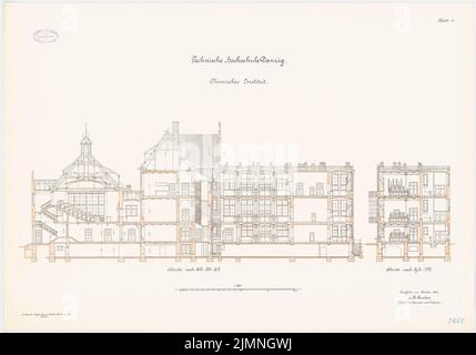 Eggert Hermann (1844-1920), Chemisches Institut der Technischen Universität Danzig (10,1906): Längs- und Querschnitt 1: 100. Lithographie farbig, 60,8 x 87 cm (einschließlich Scankanten) Stockfoto