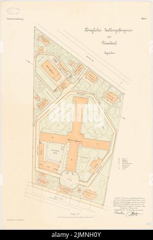 Hasenjäger Emil (geb. 1838), Zellengefängnis Düsseldorf (01.12.1893): Lageplan 1: 500. Lithographie farbig, 78,6 x 52,5 cm (einschließlich Scankanten) Stockfoto